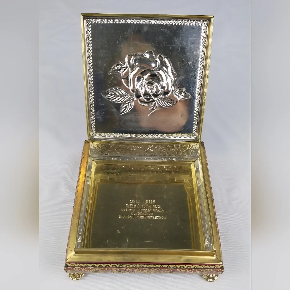 Vtg Blue Bird Confectionery velvet embossed rose litho tin box England, romantic